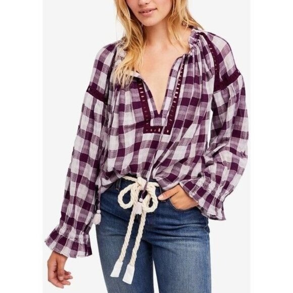 Free People Tops - Free People Honey Grove Plaid Blouse Long Sleeve Flowy Boho Top Purple